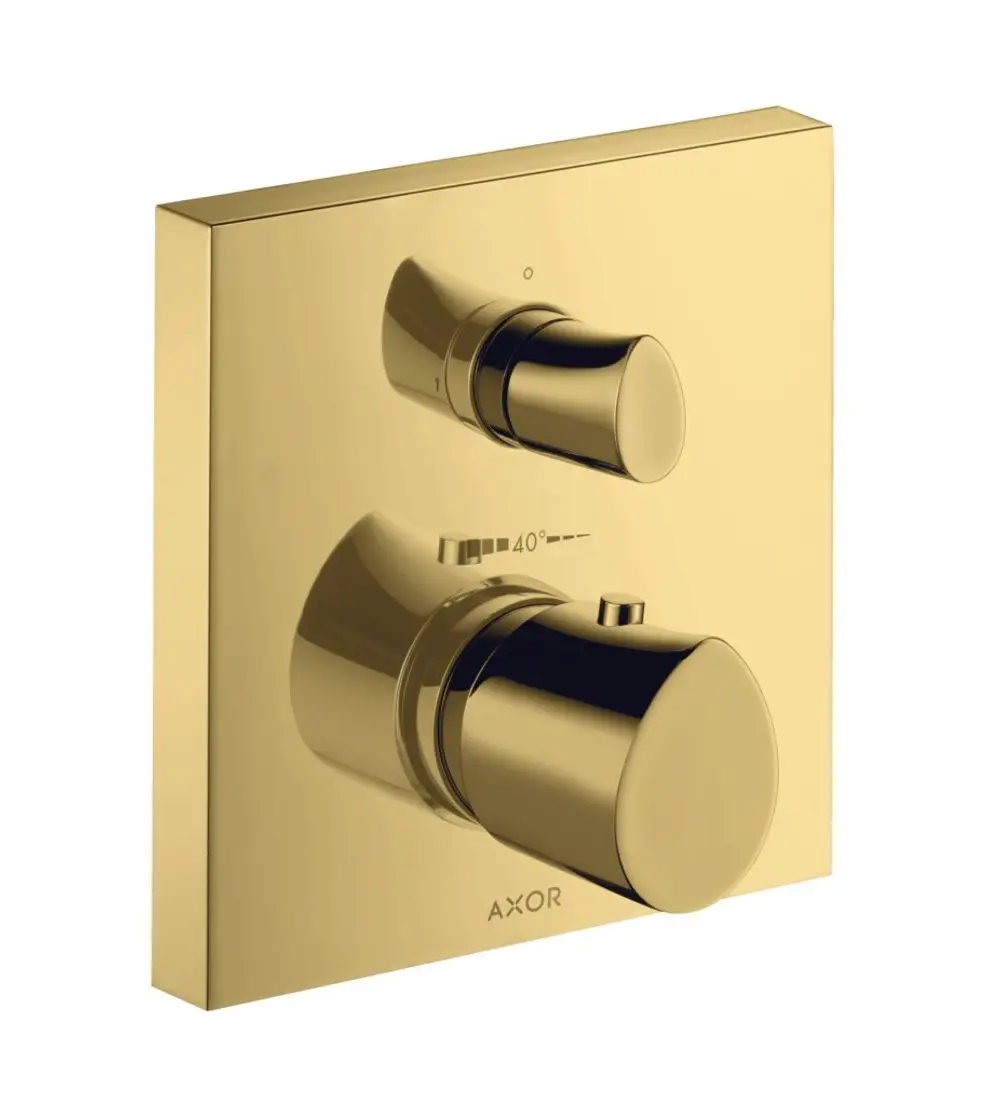 Thermostat-Einheit in Polished Gold Optic mit zwei Steuerknöpfen und Temperaturanzeige, montiert an einer rechteckigen Wandplatte, mit AXOR-Logo.
